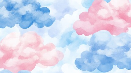 Watercolor painting of blue and pink clouds on a white background.