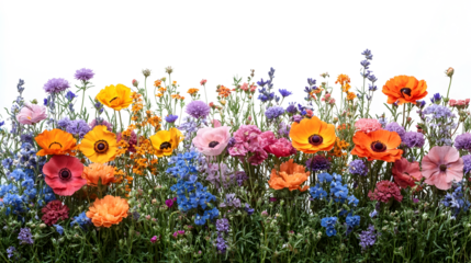 Vibrant and Blooming Wildflowers Arranged in a Lush,Peaceful Field on a Clean White Background for Nature,Botanical,and Floral Concepts