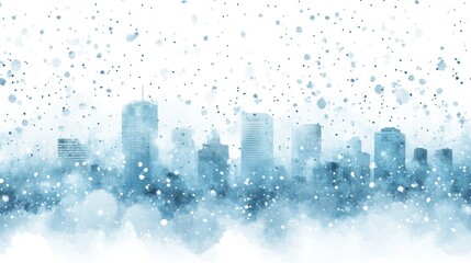 Watercolor cityscape with falling snow.