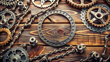 Close-up details of bicycle parts reveal intricate textures on a rustic wooden backdrop.