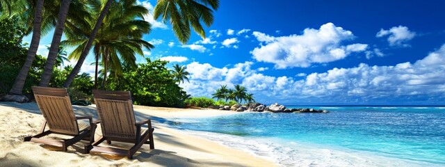 Scenic view of tropical beach chairs surrounded by vibrant palm trees.