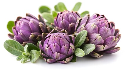 Obraz premium Vibrant purple artichoke flowers with lush green leaves blooming together in a natural garden setting. The delicate petals and intricate floral structure create a beautiful,botanical composition.