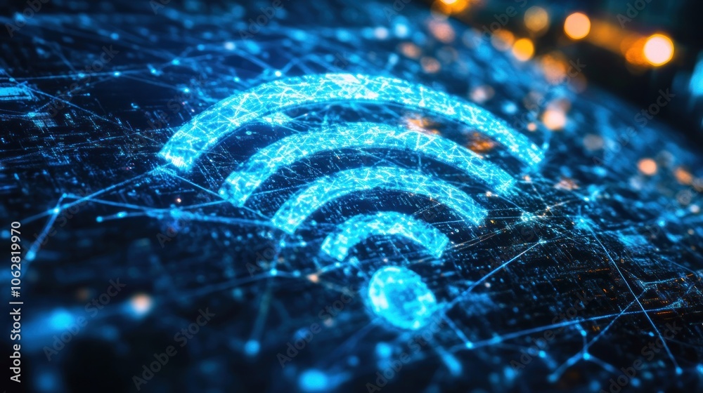 Poster a glowing blue wifi symbol is formed from connected lines and dots on a dark background.