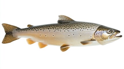 Naklejka premium A single salmon fish with gray scales and a slight orange hue, swimming to the right, isolated on a white background.