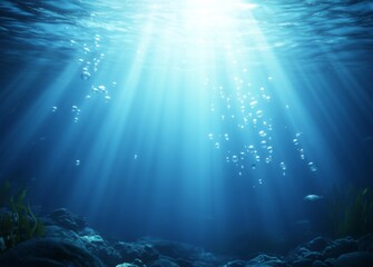 Underwater scene featuring vibrant bubbles and dancing sunbeams.