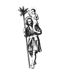 Saint Christopher carry Jesus Christ Child Illustration Catholic religious Vector 