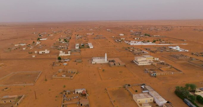 Aerial View Of Al-Farouq Mosque And Chinguetti Ksar At Sunrise In Mauritania, Africa.