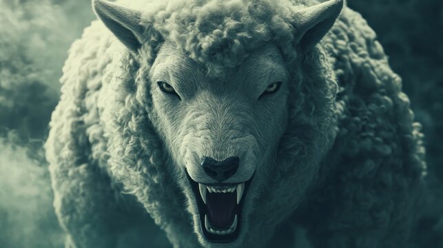 A white sheep with yellow eyes and sharp teeth growls and bares its fangs.