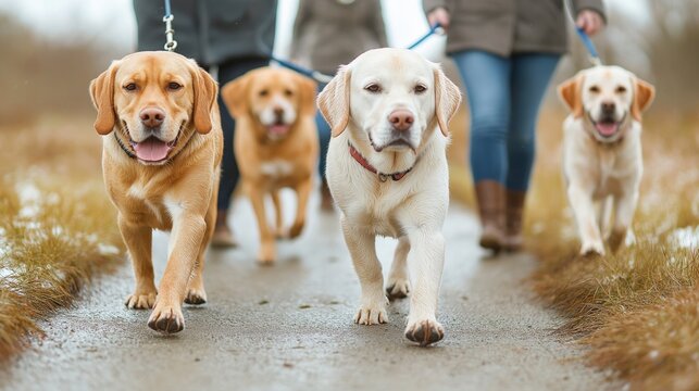 Dogsitter walking dogs on street, walking retrievers for money