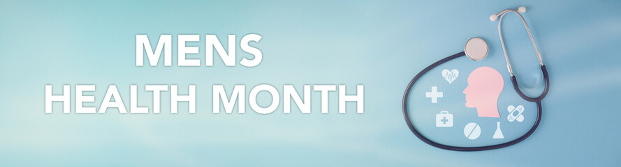 Mens health month concept horizontal banner design template with blue ribbon and text isolated on white background. June is national mens health awareness month vector flyer or poster