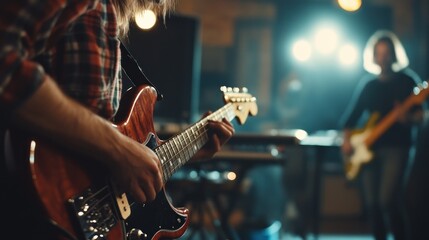 Obraz premium A guitarist plays a red electric guitar with a blurred bandmate playing bass in the background during a concert.