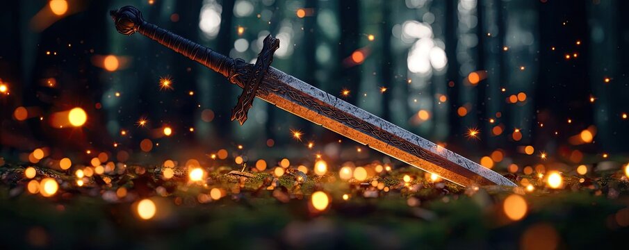 A sword resting on the forest floor, surrounded by glowing particles of light