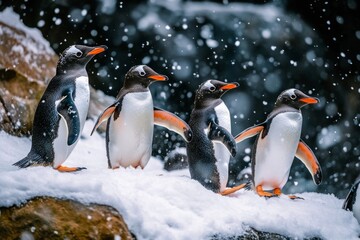 Fototapeta premium Gentoo penguins waddle through falling snow in a winter wonderland. They showcase their playful nature in this stunning image of wildlife. Captured in a natural setting. Generative AI
