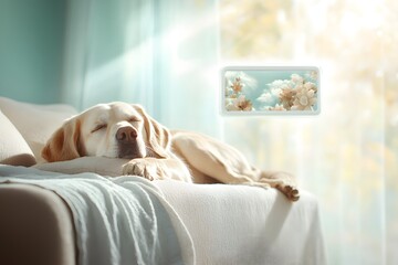 Sleepy Labrador Dog Curled Up on Plush Couch