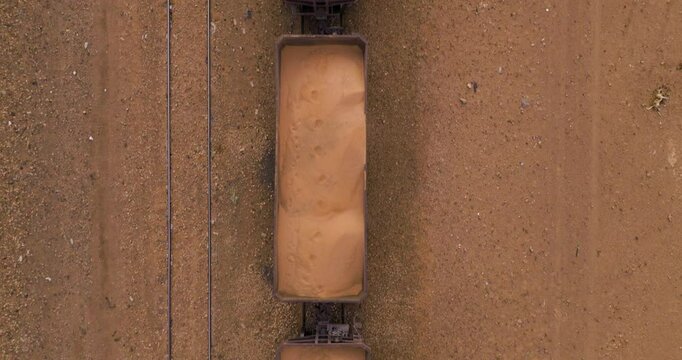 Train Wagons Loaded With Sand In Choum, Adrar Region, Mauritania. aerial topdown shot