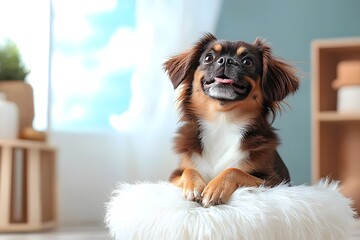 Cheerful Pug Relaxing on Fluffy White Cushion