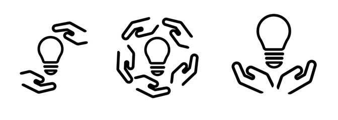 Hand protect light bulb ideas logo icon set collection line stroke design symbol of energy safe protection taking care bright innovation inspiration