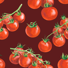 Fresh ripe cherry tomatoes on a branch, hand drawn watercolor illustration, seamless pattern