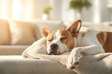Bulldog Sleeping Comfortably on Soft Blanket