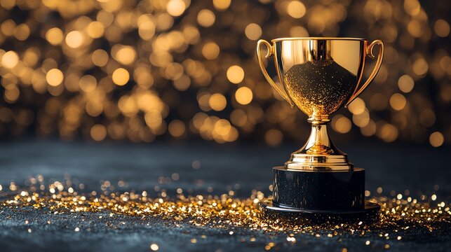 Shiny trophy on black surface with golden glitter background, symbolizing achievement.