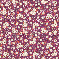 Colorful ditsy seamless pattern. Vector floral wallpaper with flowers and leaves. Gentle botanical background. Print for fabric, paper, kids clothes and accessories