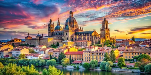 Fototapeta premium Experience the breathtaking Salamanca skyline poster showcasing iconic landmarks and vibrant colors, perfect for enhancing your home or office decor with an artistic touch.