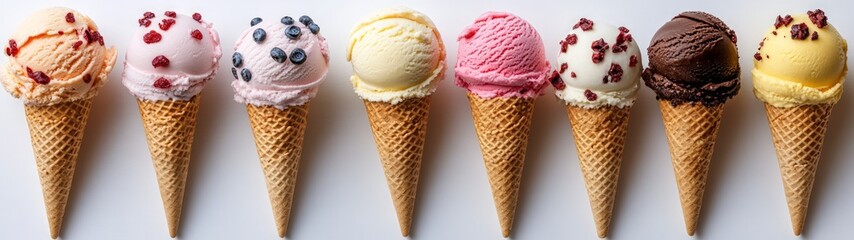 Ice Cream Delight Featuring Colorful Scoops in Waffle Cones, Flavors Include Strawberry, Vanilla, Chocolate, and Berry, Perfect for a Refreshing Summer Treat