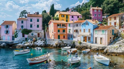 Obraz premium A picturesque coastal village with pastel-colored houses and fishing boats