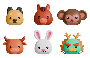 12 Chinese Zodiac Sign, Animals Head 3D rendered