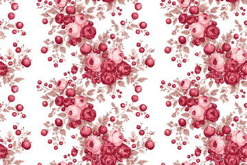 A floral pattern with pink flowers and green leaves. The flowers are arranged in a way that creates a sense of movement and depth. Scene is one of beauty and tranquility