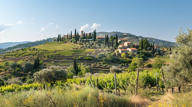 A picturesque hilltop village overlooking rolling vineyards and olive groves