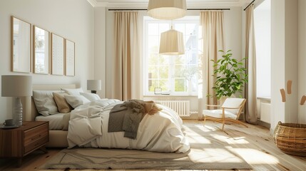 Fototapeta premium A renovated bedroom with fresh paint, new flooring, and modern decor