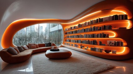 Fototapeta premium Modern, cozy living room with organic shapes and warm lighting.