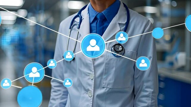 A healthcare professional wearing a white coat and stethoscope stands amid a high-tech medical environment, exploring patient data and connections through digital platforms