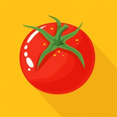 Bright vector illustration of a ripe tomato with a green stem on a vibrant yellow background, highlighting freshness and simplicity.
