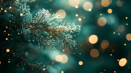 Blurry green fir tree branch bokeh lights