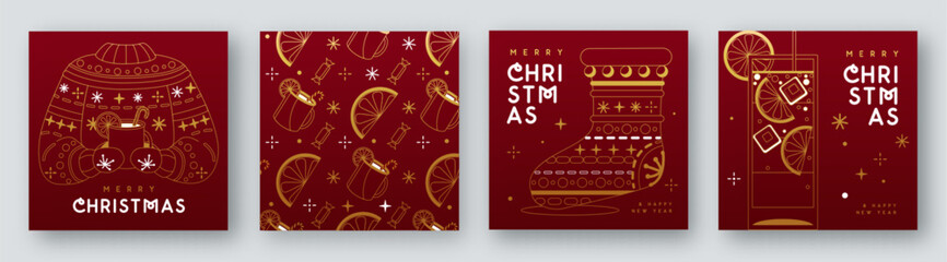 Fototapeta premium Set of Merry Christmas and Happy New Year line art greeting cards, covers or posters with holiday attributes. Christmas background. Vector illustration