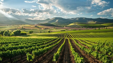 A thriving agricultural landscape with fields of crops and grazing livestock