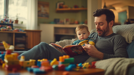Fototapeta premium Father reading to toddler on couch surrounded by toys