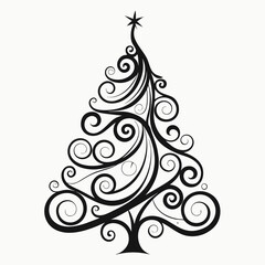 Tree Drawing Winter Christmas Vector Silhouette, Minimalist Christmas tree. A simple, abstract Christmas tree design made with swirling black lines