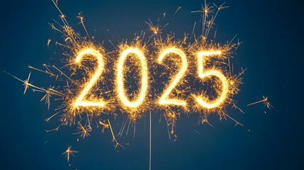 A single firework exploding in a burst of golden light, forming the perfect "2025" in its sparks against a deep blue night sky.