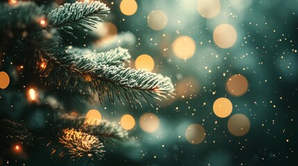 Blurry green fir tree branch bokeh lights
