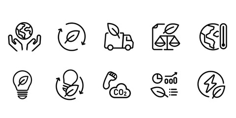 eco green environmental icon set collection stroke line simple symbol of carbon footprint law legal climate regulation energy transportation technology