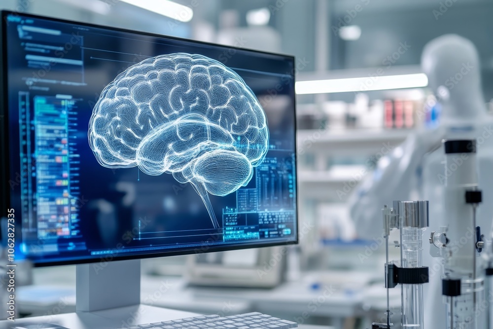 Poster neural ai brain in lab for futuristic research, machine learning.