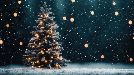 Outdoor Christmas tree decorated with handmade ornaments, surrounded by snow, magical and rustic holiday vibe, peaceful winter evening