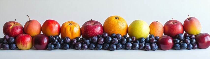 Colorful Display of Fresh Fruits Arranged in a Line with Apples, Pears, Oranges, Grapefruit, Pumpkin, and Clusters of Dark Grapes Against a Neutral Background