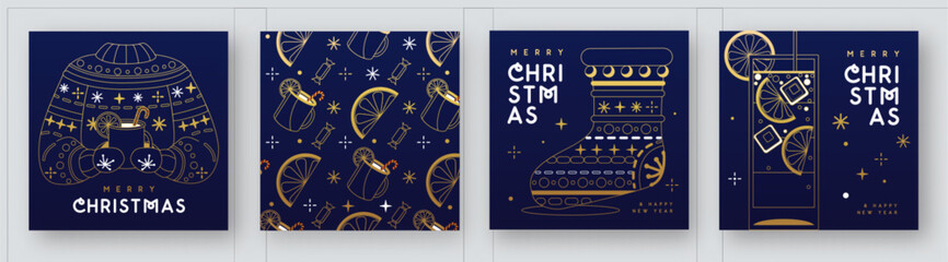 Set of Merry Christmas and Happy New Year line art greeting cards, covers or posters with holiday attributes. Christmas background. Vector illustration