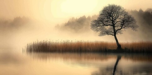 Fototapeta premium A Solitary Tree Stands Tall in a Misty Lake at Dawn