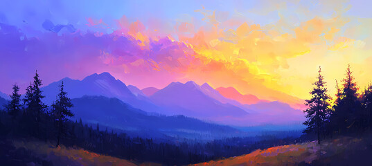 Fototapeta premium eautiful digital painting of the mountains at sunrise, with a purple and blue sky, an orange sunset, and trees in the foreground.