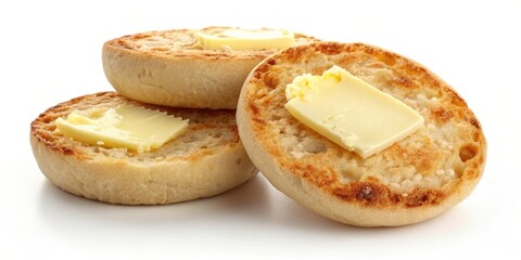 Fototapeta premium Golden Brown English Muffins Topped with Butter on White Background